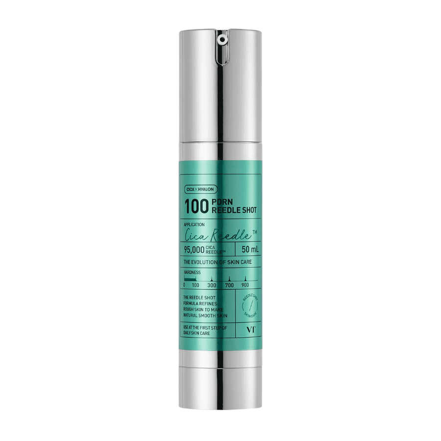 VT Cosmetics PDRN Reedle Shot 100 flaske med minimalistisk design og aktiv formel til at forbedre hudtekstur, glød og elasticitet