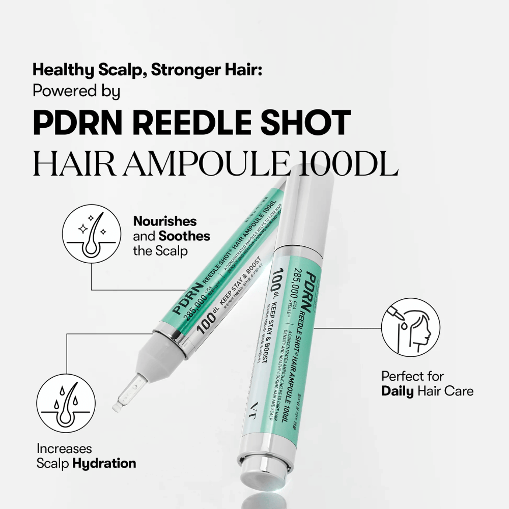 Produktpræsentation af PDRN Reedle Shot Hair Ampoule 100dL med fokus på fordele som beroligende effekt, øget fugt i hovedbunden og daglig hårpleje.