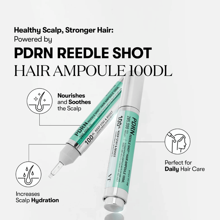 Produktpræsentation af PDRN Reedle Shot Hair Ampoule 100dL med fokus på fordele som beroligende effekt, øget fugt i hovedbunden og daglig hårpleje.
