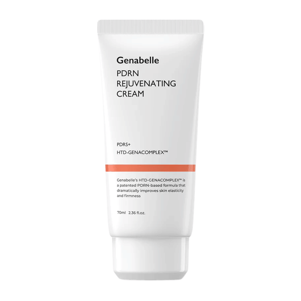 Produktbillede af Genabelle PDRN Rejuvenating Cream i hvid tube mod hvid baggrund. Fugtgivende ansigtscreme med PDRN og HTD-GENACOMPLEX™ som hjælper med at forbedre hudens elasticitet og fasthed.