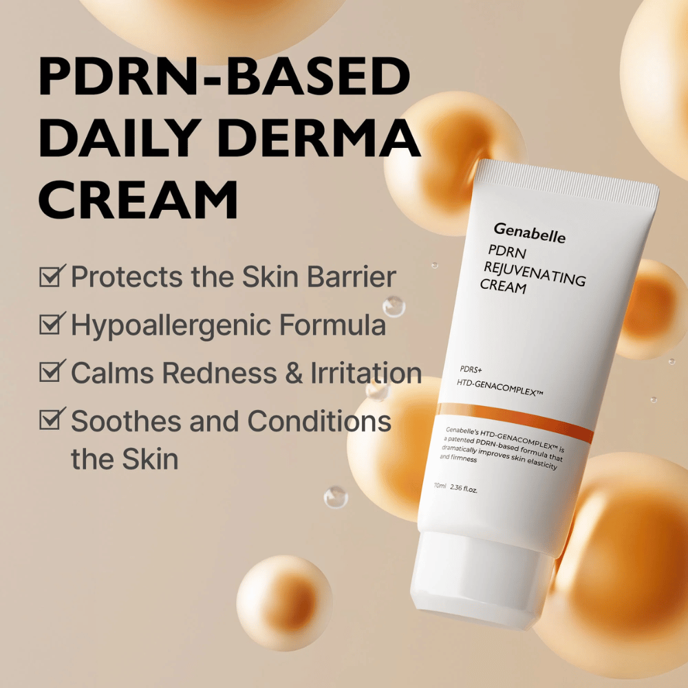 Genabelle PDRN Rejuvenating Cream omgivet af gyldne sfærer, som symboliserer PDRN-teknologi. Billedet fremhæver hudbarriereforstærkende egenskaber, beroligende effekt og en hypoallergen formel til daglig brug.