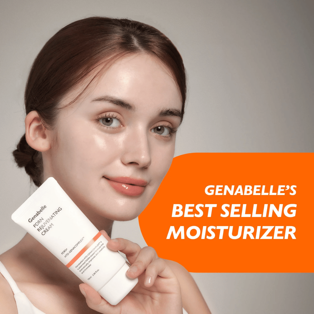 Person holder Genabelle PDRN Rejuvenating Cream op foran kameraet. Billedet fremhæver produktet som en bedst sælgende ansigtscreme med fokus på fugt, hudfornyelse og en frisk, strålende hud.