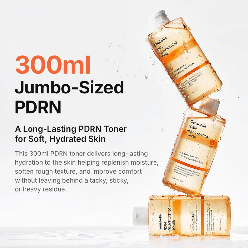 Genabelle PDRN Rejuvenating Toner 300 ml med PDRN som giver langvarig fugt, blødere hud og en frisk hudfornemmelse uden at fedte.