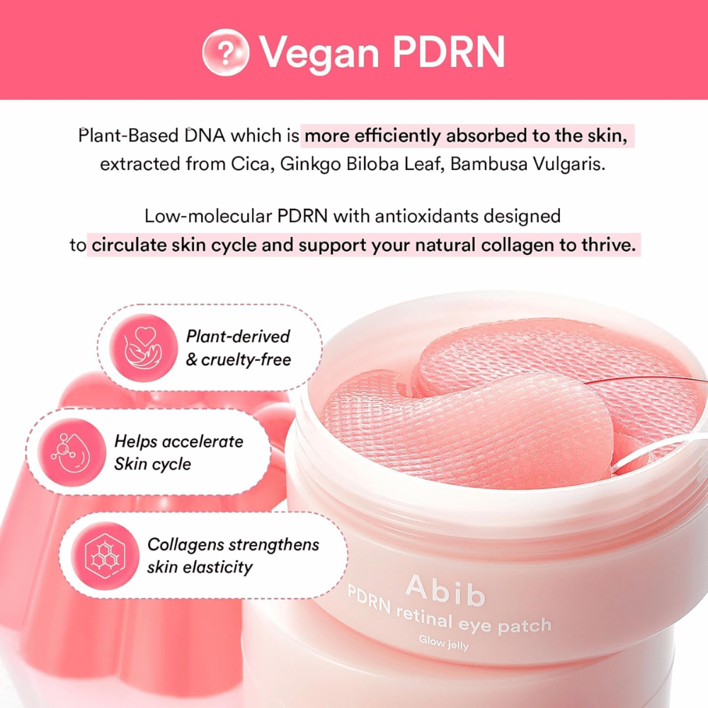 Abib PDRN Retinal Eye Patch Glow Jelly med vegansk PDRN fra planteekstrakt som styrker hudens elasticitet, booster kollagen og forbedrer hudens struktur.