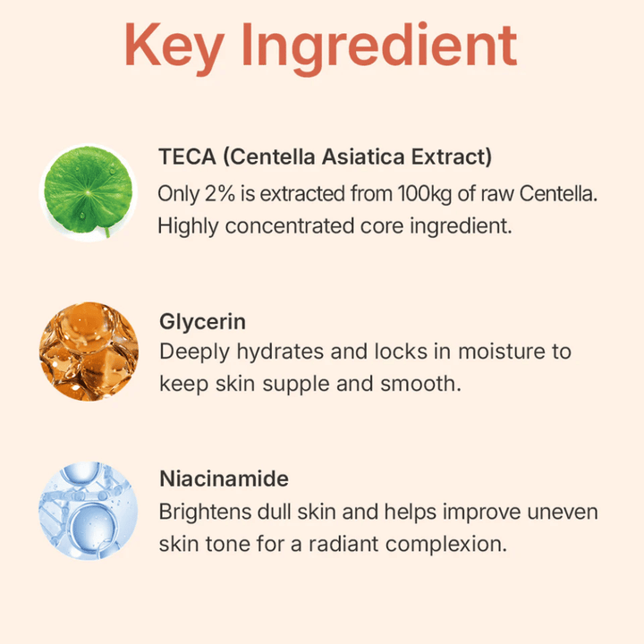 MADECA LAB PDRN Glow Gel Mask nøgleingredienser – TECA fra Centella Asiatica, glycerin og niacinamid som beroliger huden, fugter i dybden og forbedrer hudtonen.