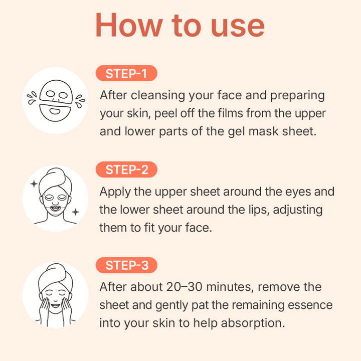 MADECA LAB PDRN Skin Tightening Glow Gel Mask – instruktioner til brug af gelmaske i tre trin for optimal absorption, opstramning og fugtning af huden.