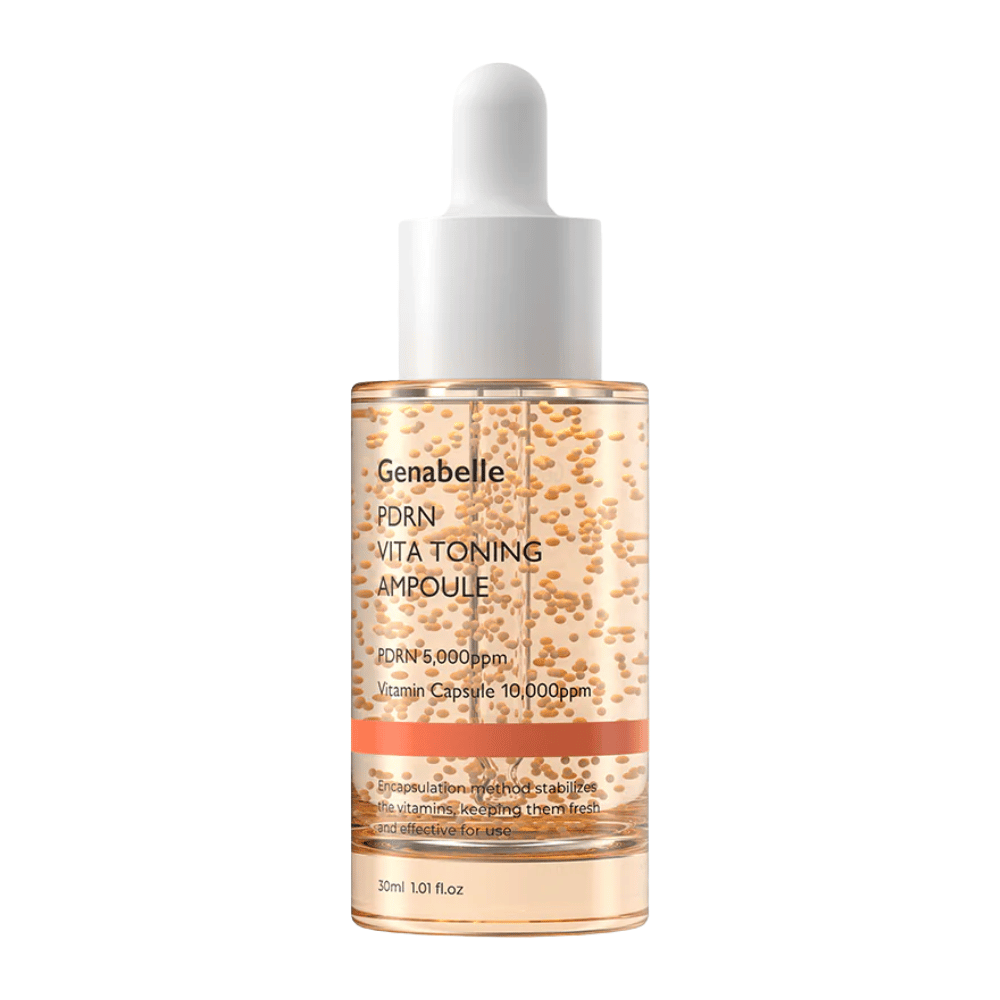 Frilagt produktbillede af Genabelle PDRN Vita Toning Ampoule i transparent glasflaske med hvide pipettelåg og synlige vitaminkapsler i serumformlen.