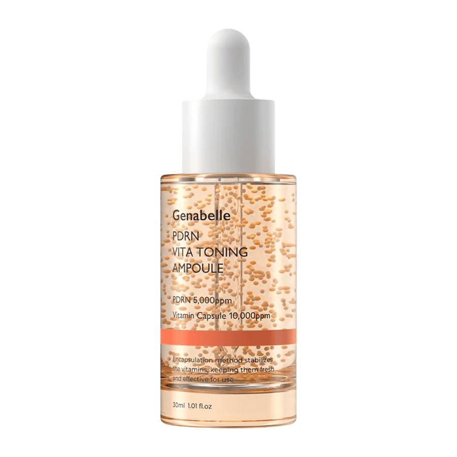 Frilagt produktbillede af Genabelle PDRN Vita Toning Ampoule i transparent glasflaske med hvide pipettelåg og synlige vitaminkapsler i serumformlen.