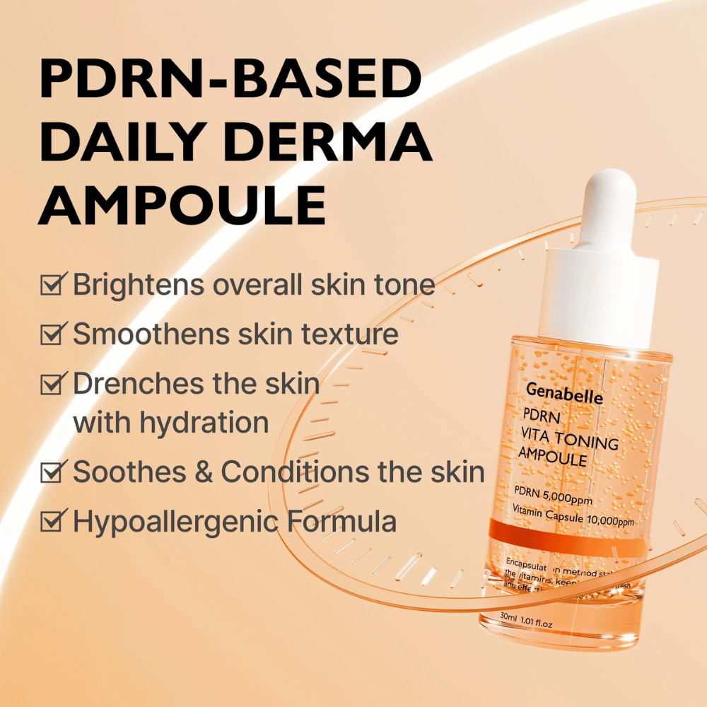 Produktbillede af Genabelle PDRN Vita Toning Ampoule med tekst om fugt, mere ensartet hudtone og beroligende egenskaber til sensitiv hud med hypoallergen formel.