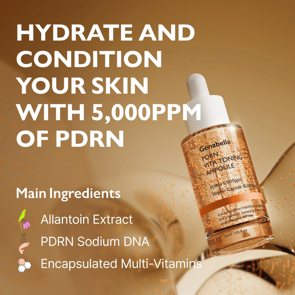 Kampagnebillede for Genabelle PDRN Vita Toning Ampoule med fokus på fugt og PDRN 5000 ppm samt ingredienser som vitaminkapsler og Sodium DNA for glow og hudpleje.