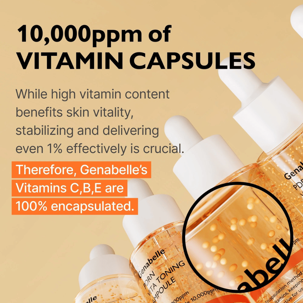 Genabelle PDRN Vita Toning Ampoule med indkapslede vitaminer i serummet, som fremhæver en glødgivende formel med vitamin C, B og E for glow og hudvitalitet.