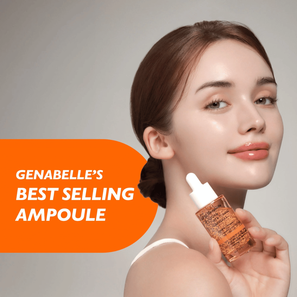 Model holder Genabelle PDRN Vita Toning Ampoule ved siden af ansigtet med fokus på glow, glød og fugtet hud fra koreansk serum med vitaminkapsler og PDRN.