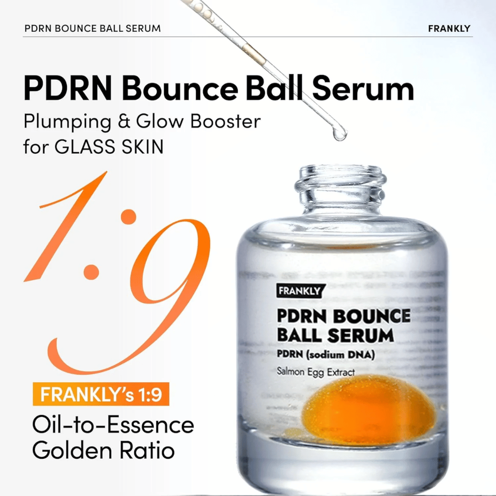 FRANKLY PDRN Bounce Ball Serum – fugtgivende og opstrammende serum med unik 1:9 olie-til-essens forhold for glas hud-effekt.