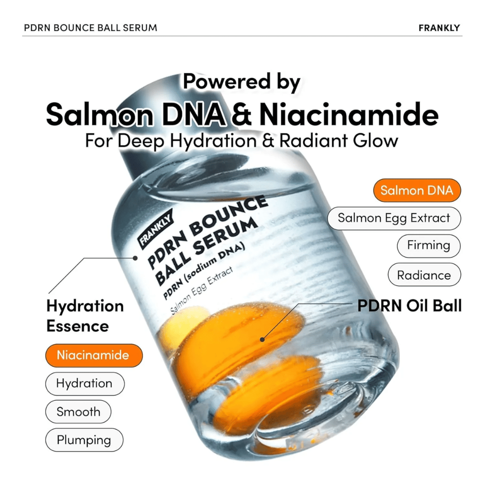 FRANKLY PDRN Bounce Ball Serum med laks-DNA og niacinamid – dybdegående fugt, spændstighed og strålende glans.