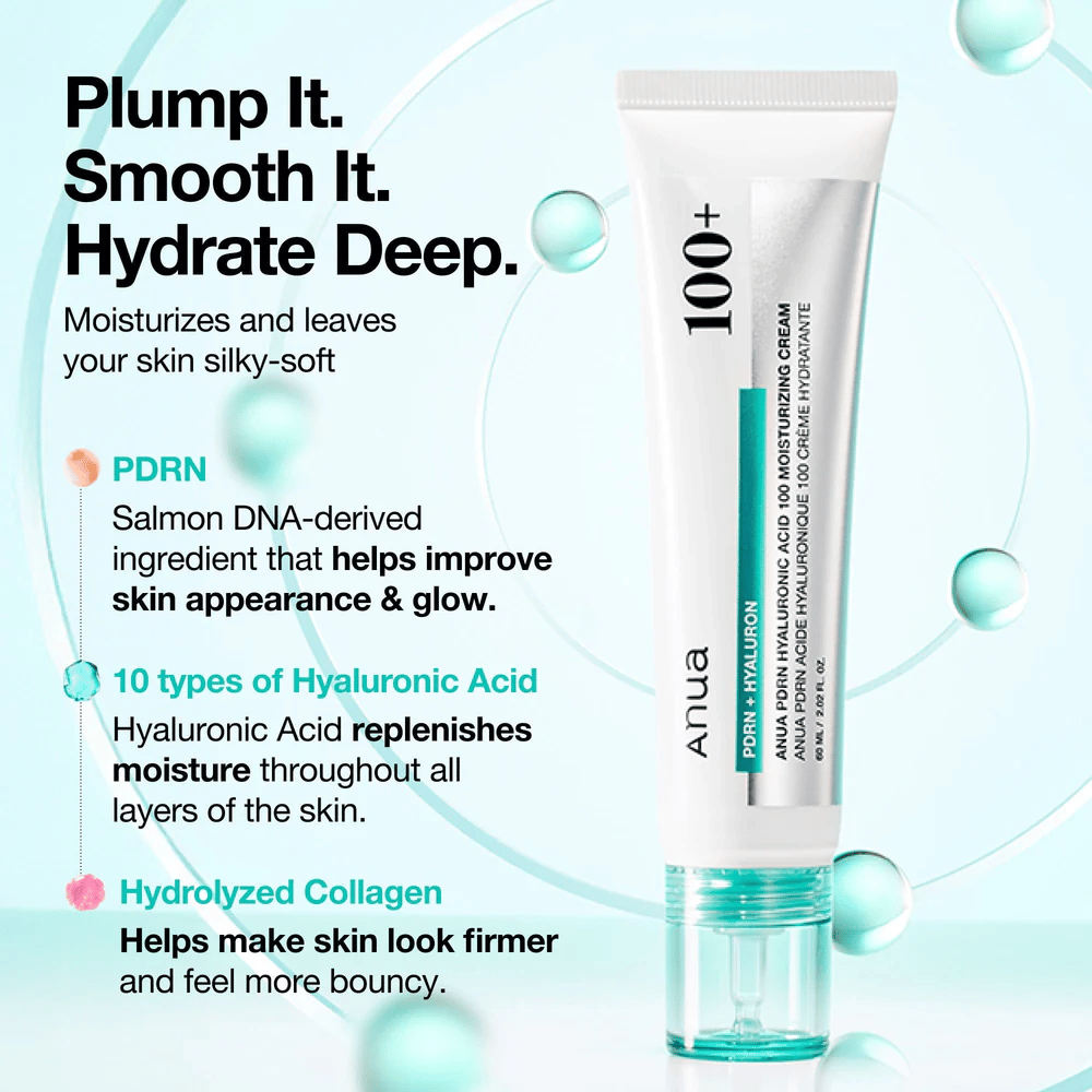 Anua PDRN Hyaluronic Acid 100 Moisturizing Cream med hyaluronsyre, PDRN og kollagen – fugter, udglatter og styrker huden.