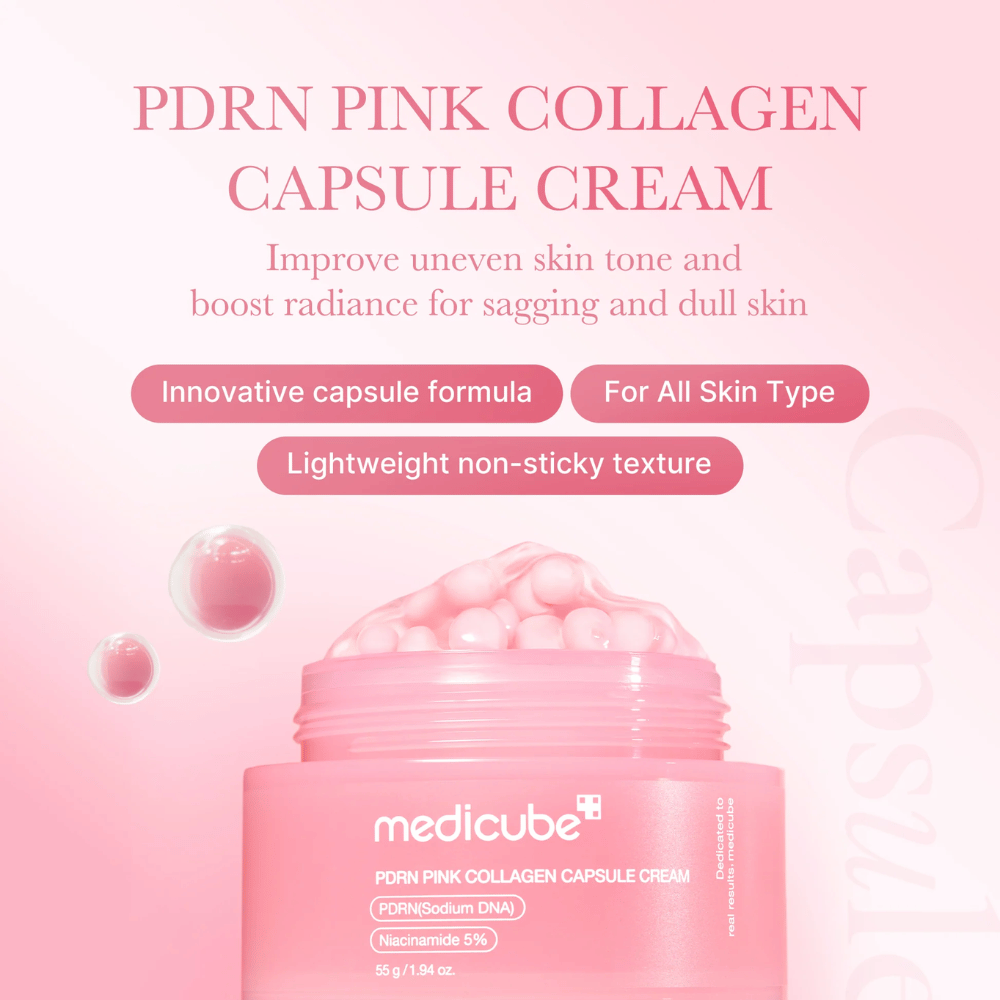 Lyserød krukke med Medicube PDRN Pink Collagen Capsule Cream, omgivet af kapsellignende bobler og tekst, der fremhæver cremens egenskaber for ujævn hudtone, glød og alle hudtyper.