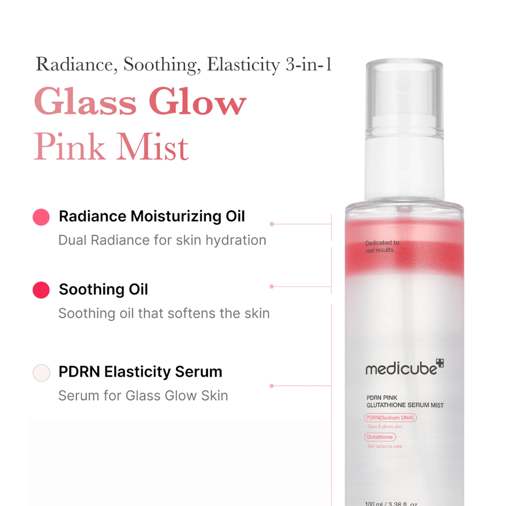 Produktbillede af Medicube PDRN Pink Glutathione Serum Mist med tre lag: fugtgivende olie, beroligende olie og PDRN-serum for glød, elasticitet og blød hud.