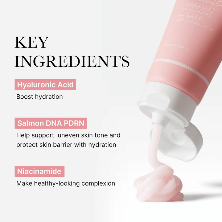 Medicube PDRN Pink Hyaluronic Moisturizing Cream med nyckelingredienserna hyaluronsyra, salmon DNA PDRN och niacinamid, visad med rosa kräm från tuben.