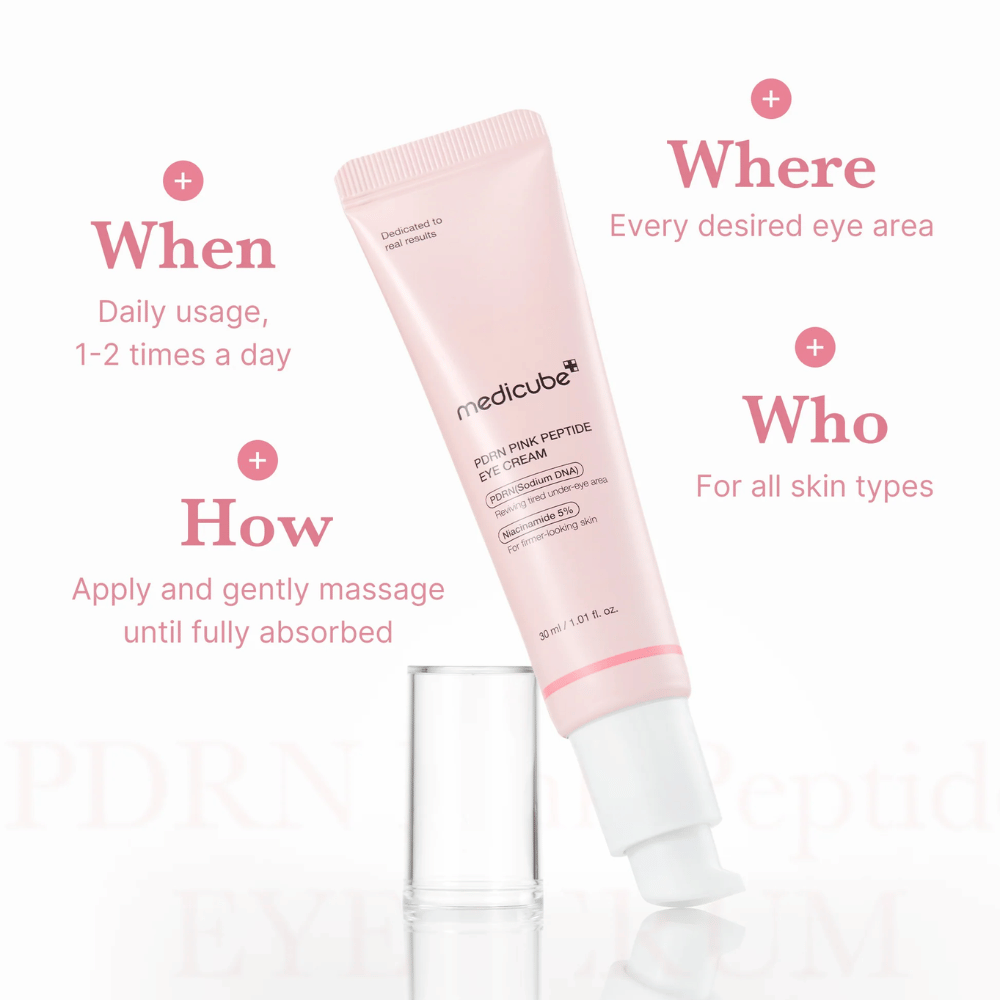 Medicube PDRN Pink Peptide Eye Cream, 30 ml tube. Øjencreme med PDRN og 5 % niacinamid. Anvendes 1–2 gange dagligt rundt om øjnene. Passer til alle hudtyper.