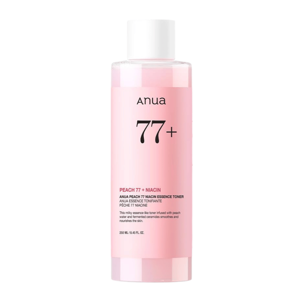 Anua Peach 77 Niacin Essence Toner i en gennemsigtig lyserød flaske med hvid kork, indeholdende 250 ml mælket toner for jævnere hudtone og glød.