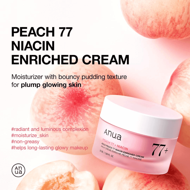 Anua Peach 77% Niacin Enriched Cream – puddinglignende fugtcreme, der giver glød og fylde med 77 % ferskenekstrakt.