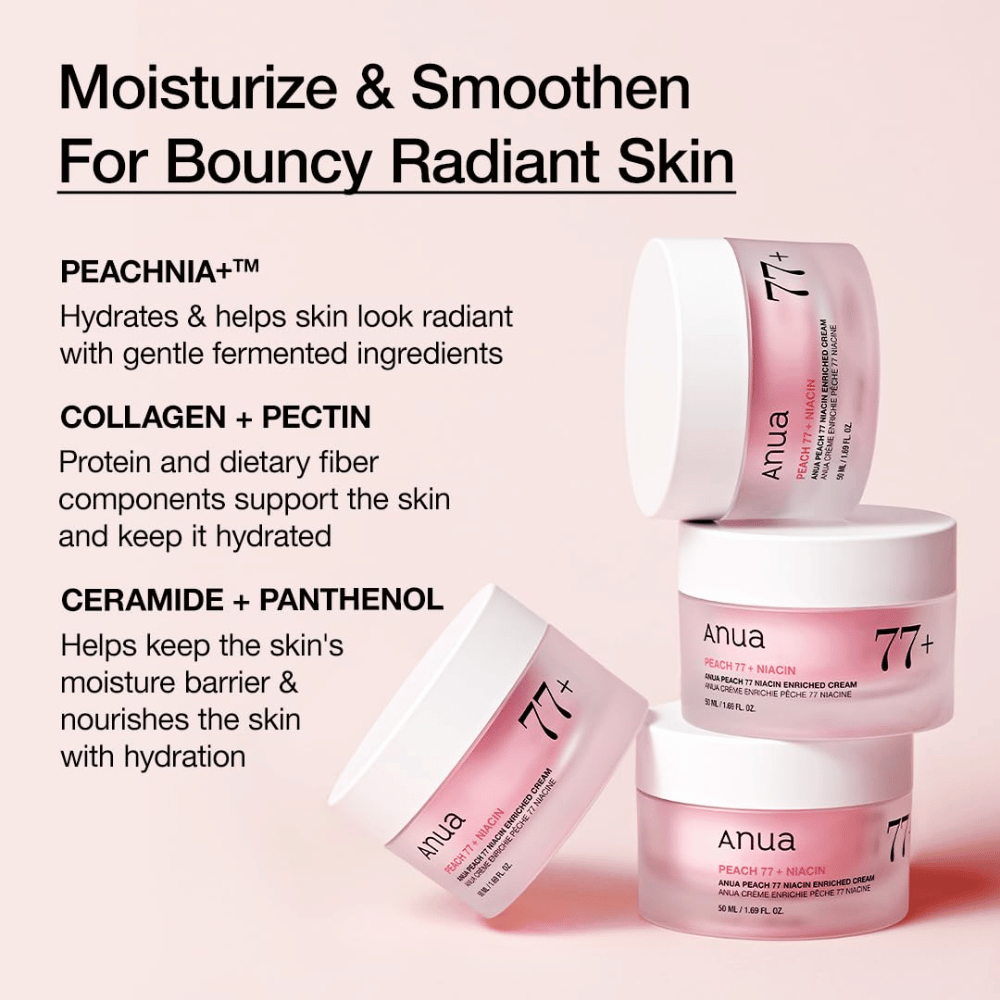 Anua Peach 77% Niacin Enriched Cream med PEACHNIA™, kollagen, pektin, ceramid og panthenol for fugtet, smidig hud.