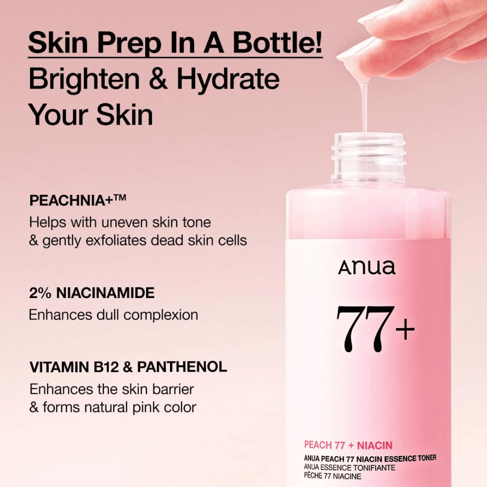 Anua Peach 77 Niacin Essence Toner i lyserød flaske, med tekst der fremhæver PEACHNIA+, 2 % niacinamid samt vitamin B12 og panthenol for at lysne huden og styrke barrieren.