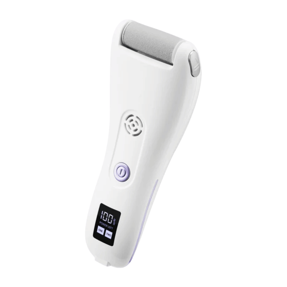 9. BAREN Pedi Mate Dual Power Vacuum Type Electric Callus Remover – hvid genopladelig elektrisk fodfil med digitalt display og lilla detaljer