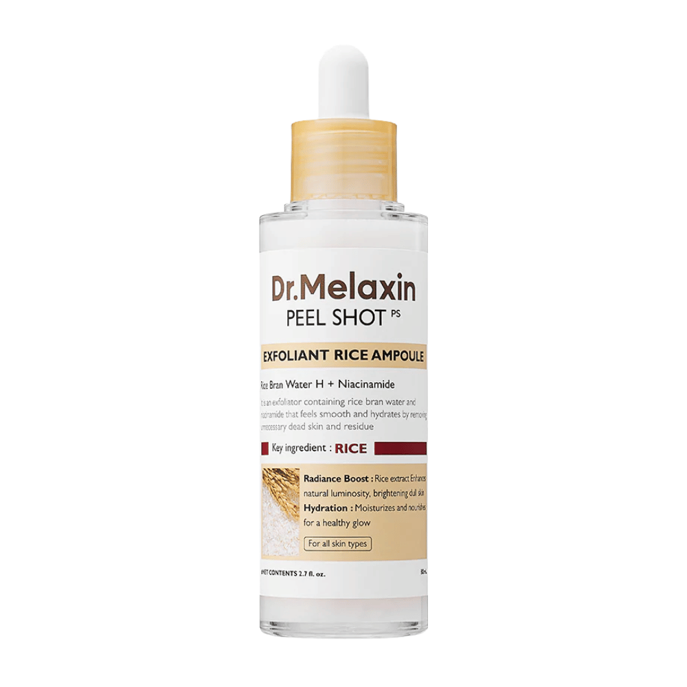Dr.Melaxin Peel Shot Exfoliant Rice Ampoule i helbillede mod hvid baggrund, eksfolierende ansigtsserum med risekstrakt og niacinamid for jævnere hudtone og øget glød.