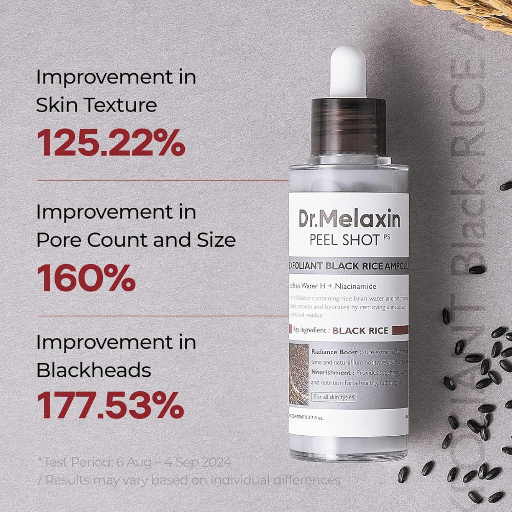 Dr.Melaxin Peel Shot Black Rice Ampoule forbedrer hudstruktur, reducerer porer og mindsker hudorme