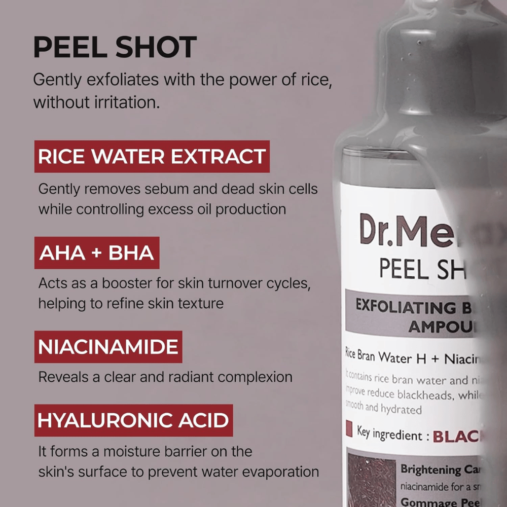 Dr.Melaxin Peel Shot Black Rice Ampoule med rice water extract, AHA BHA, niacinamid og hyaluronsyre til eksfoliering og poreforfining