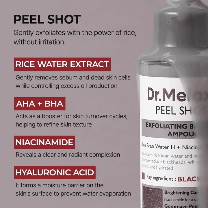 Dr.Melaxin Peel Shot Black Rice Ampoule med rice water extract, AHA BHA, niacinamid og hyaluronsyre til eksfoliering og poreforfining