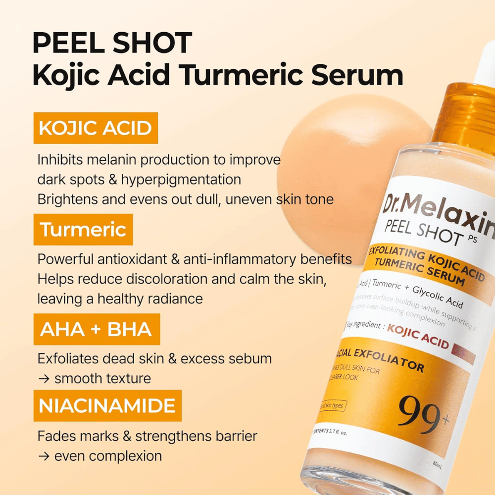 Eksfolierende serum med kojic acid og gurkemeje, som masseres ind i huden for at reducere hyperpigmentering og give glød