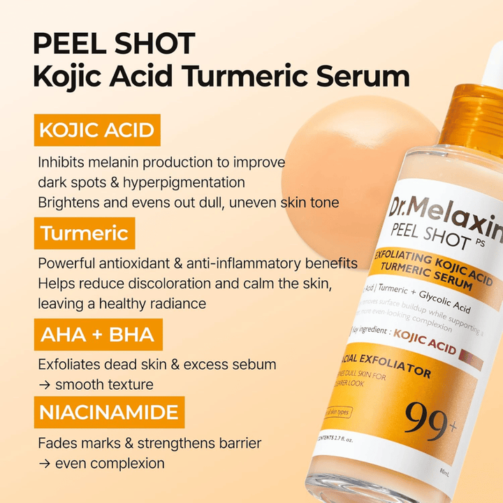 Eksfolierende serum med kojic acid og gurkemeje, som masseres ind i huden for at reducere hyperpigmentering og give glød