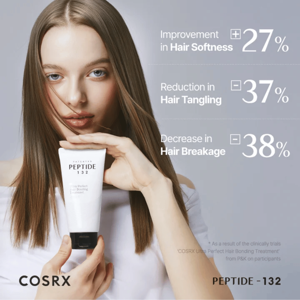 Kvinde holder COSRX Peptide 132 Treatment – viser kliniske resultater med reduceret hårbrud og øget blødhed.