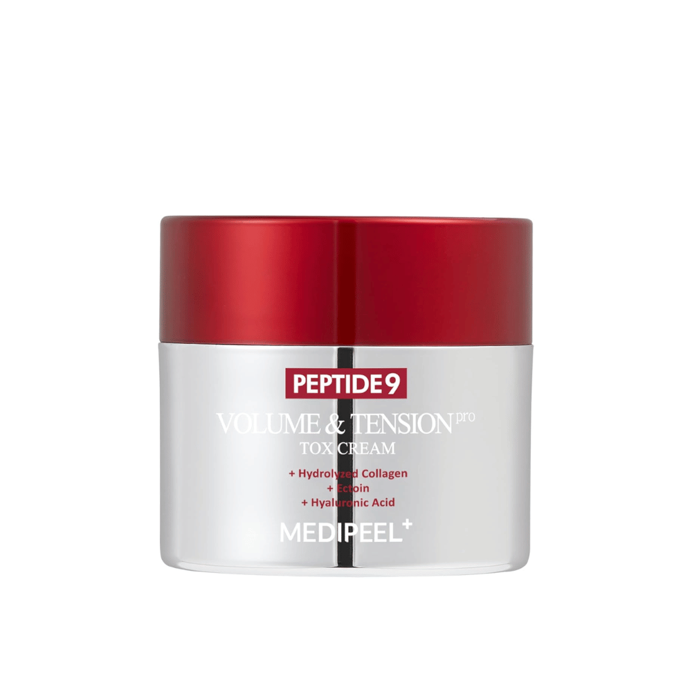 MEDI-PEEL Peptide 9 Volume & Tension Tox Cream i sølvkrukke med rødt låg. En anti-aging-creme med peptider og kollagen, der styrker hudens elasticitet.