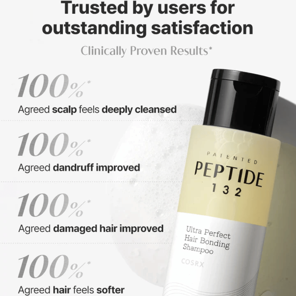 Brugerresultater for COSRX Peptide 132 Shampoo – 100 % oplever renere hovedbund, mindre skæl og blødere hår.
