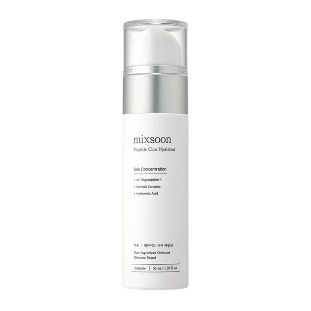Mixsoon Peptide Cica Hyalshot – fugtgivende serum med centella og hyaluronsyre i stilren hvid flaske med sølvdetaljer. Velegnet til følsom hud og bidrager til at styrke hudbarrieren.