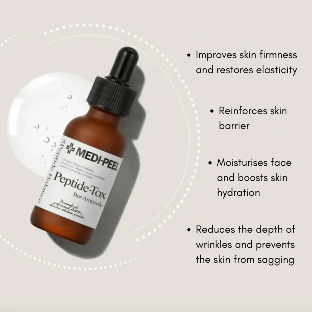 MEDI-PEEL Peptide-Tox Bor Ampoule – koreansk ansigtsserum med peptider, der forbedrer hudens fasthed, styrker hudbarrieren, fugter i dybden og reducerer synlige rynker.
