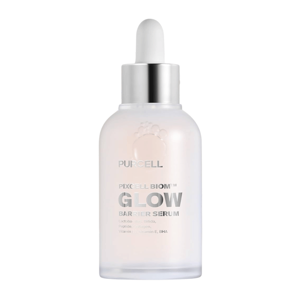 Produktbillede af PURCELL Pixcell Biom Glow Barrier Serum i frostet glasflaske med pipette – styrker hudbarrieren og giver naturlig glød.