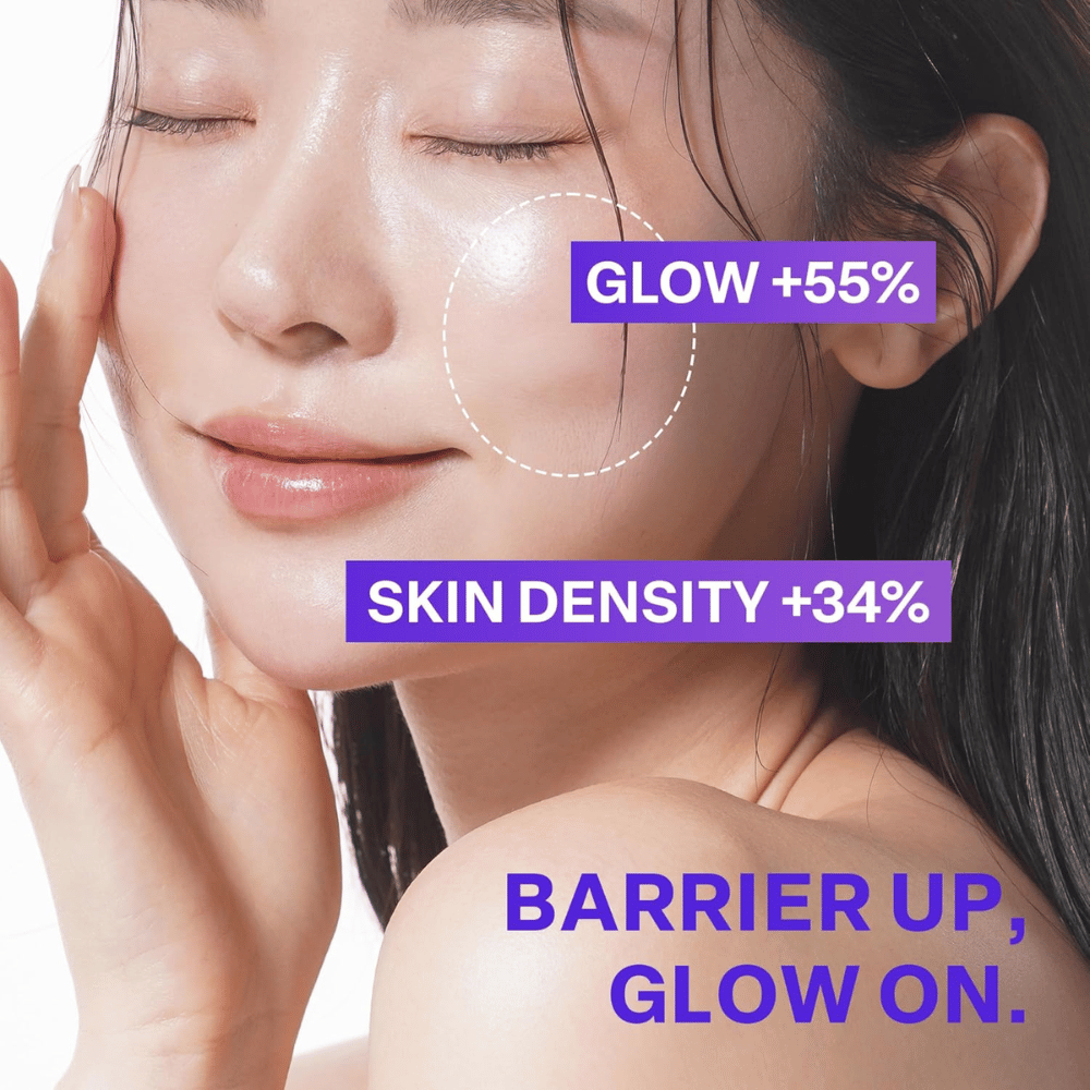 Nærbillede af kvinde med glødende hud efter brug af PURCELL Pixcell Biom Glow Barrier Serum. Hudens glød øges med 55 % og densitet med 34 %.