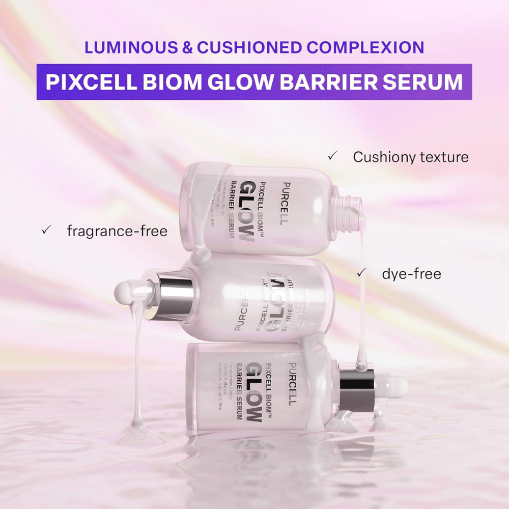 Tre flasker af PURCELL Pixcell Biom Glow Barrier Serum stablet med flydende serum. Fragrance-free, dye-free og med blød, cushiony tekstur.