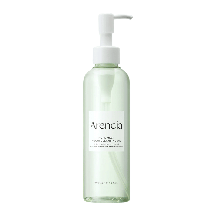 Arencia Pore Melt Mochi Cleansing Oil i fuld visning mod hvid baggrund, koreansk olierens i pumpeflaske, der renser porer og fjerner makeup uden irritation.