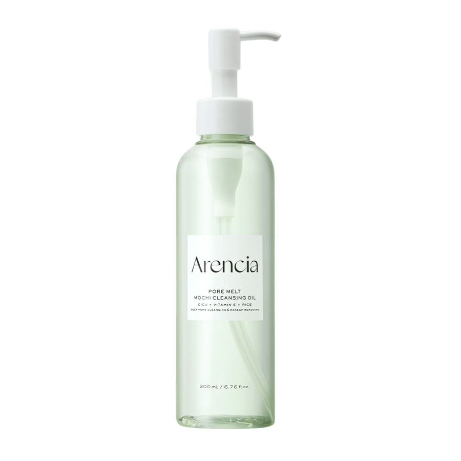 Arencia Pore Melt Mochi Cleansing Oil i fuld visning mod hvid baggrund, koreansk olierens i pumpeflaske, der renser porer og fjerner makeup uden irritation.