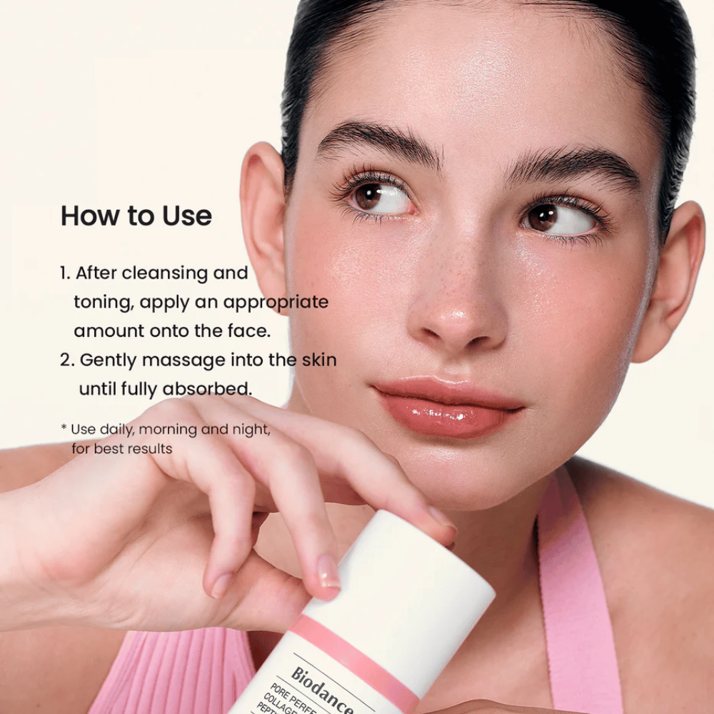 Biodance Pore Perfecting Collagen Peptide Cream påføring efter rensning – fugtgivende og opstrammende ansigtscreme med peptider og kollagen