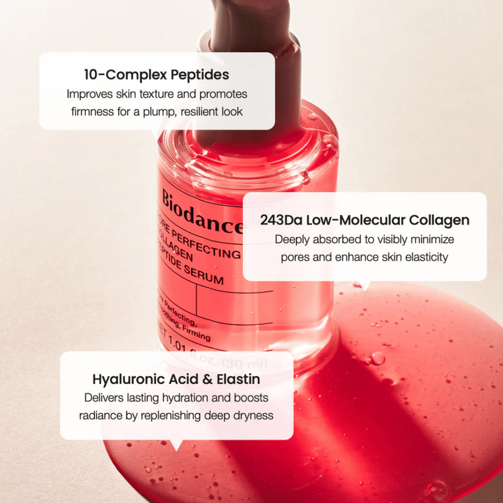 Biodance Pore Perfecting Collagen Peptide Serum med peptider, kollagen og hyaluronsyre til fastere hud.