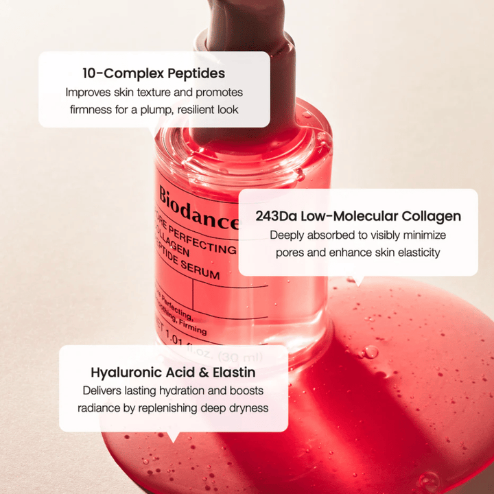 Biodance Pore Perfecting Collagen Peptide Serum med peptider, kollagen og hyaluronsyre til fastere hud.