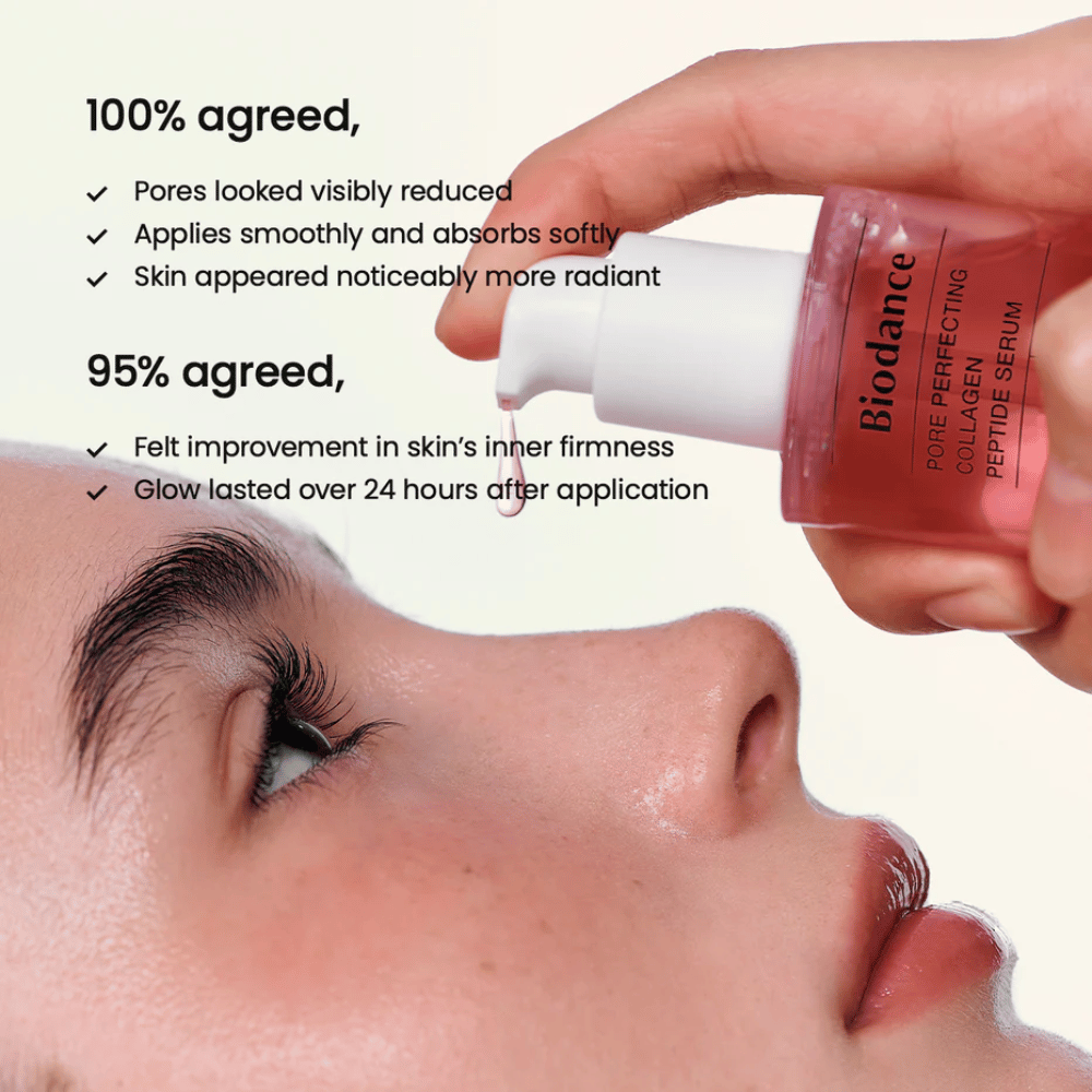 Biodance Collagen Peptide Serum påføres ansigtet – opstrammende serum til reducerede porer og øget glød.