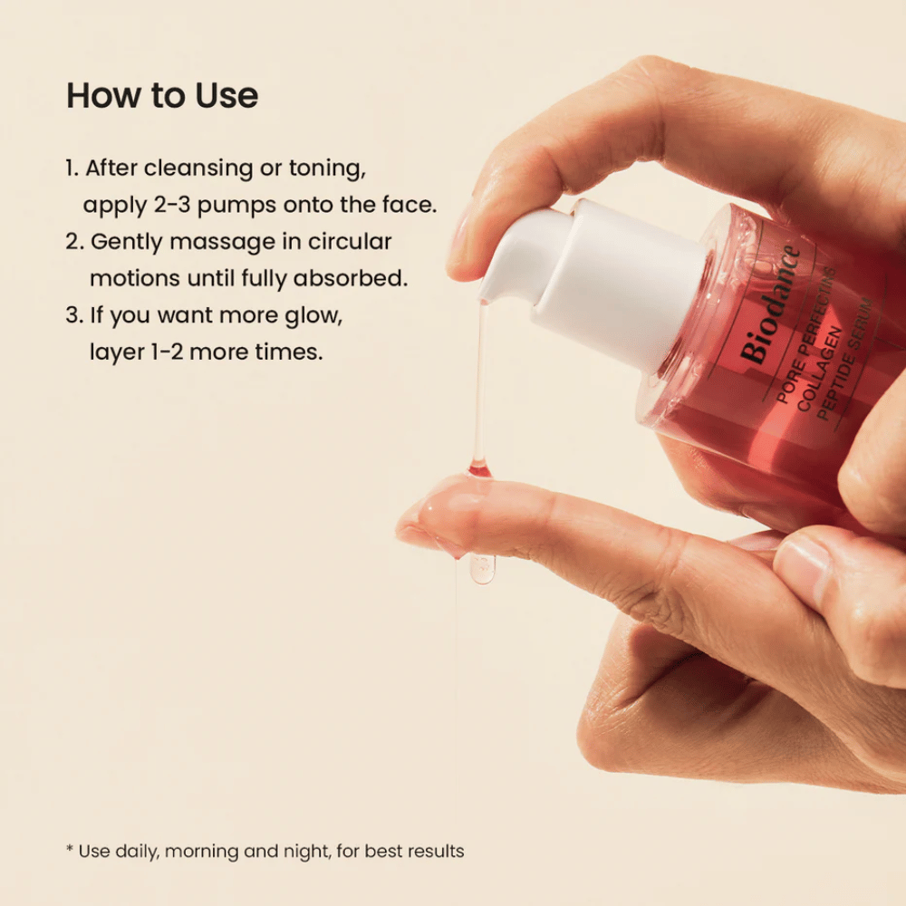 Biodance Pore Perfecting Collagen Peptide Serum påføres – porreducerende serum med kollagen og peptider.