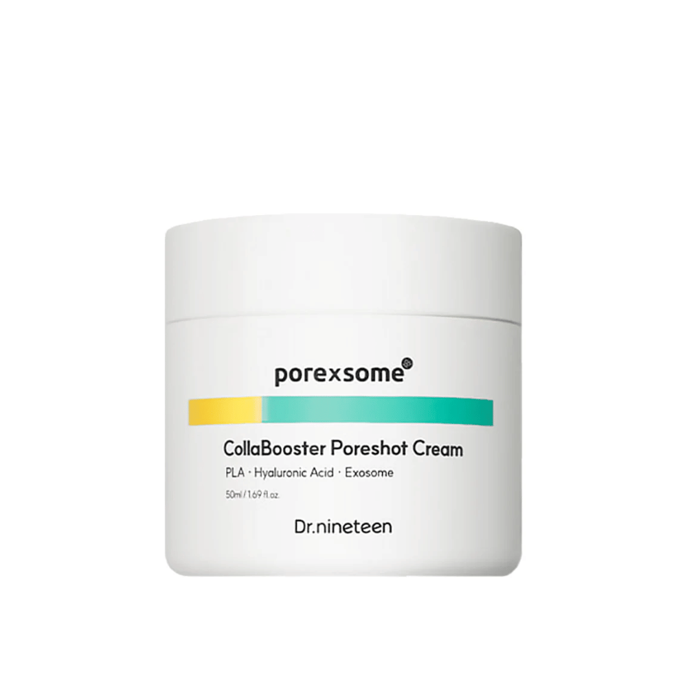 Produktbillede af Porexsome CollaBooster Poreshot Cream i hvid krukke med farvedetaljer i gul og turkis. En poreforfinende og fugtgivende ansigtscreme.